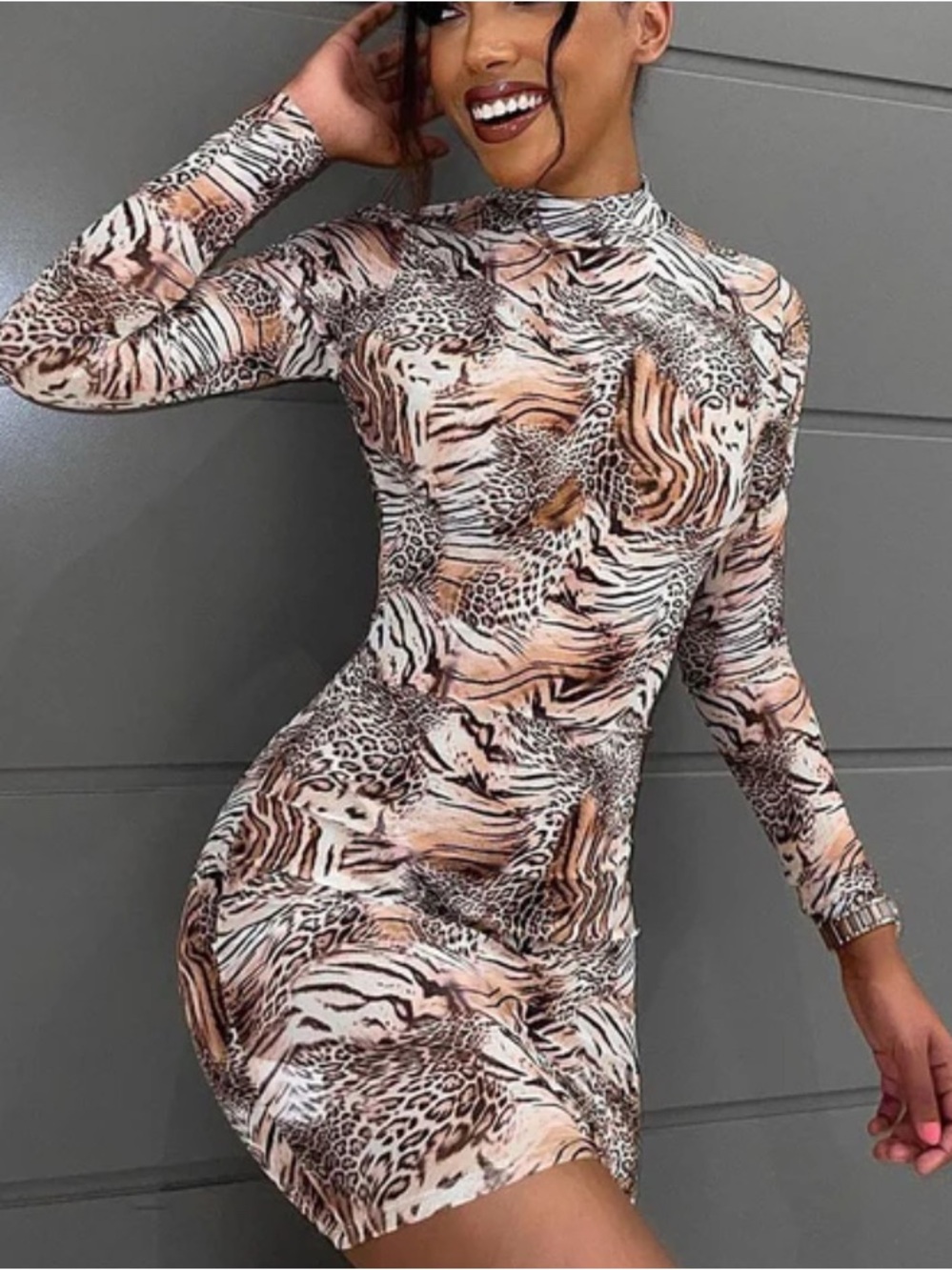FashionNova  Illusion mesh Animal-Print Mini Dress - Beige, Pink